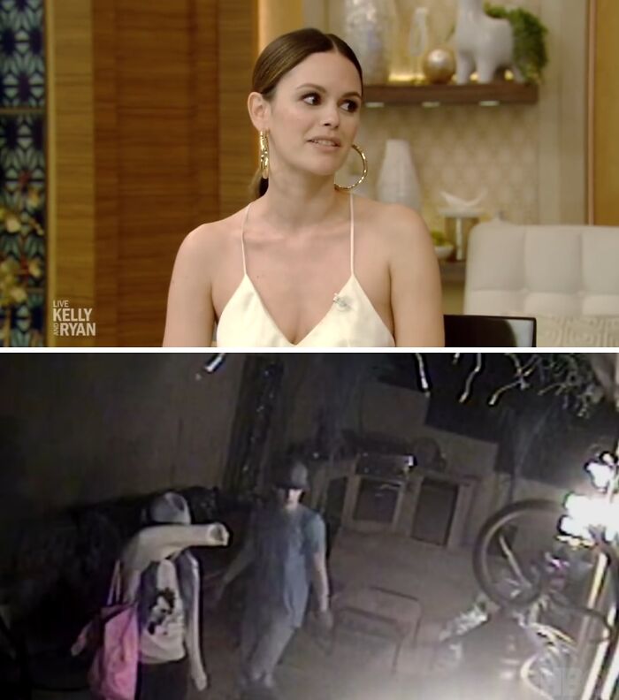 Actress in a TV interview paired with security footage showing suspects involved in celebrity home break-ins.