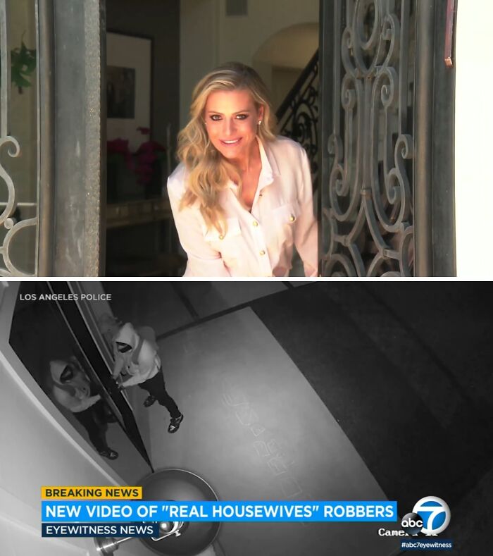 Woman opening ornate front door, security footage showing masked intruders breaking into celebrity home at night.