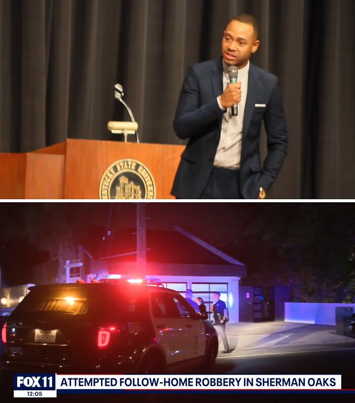 Man speaking at podium in formal setting; police car with flashing lights outside a house after a break-in incident.