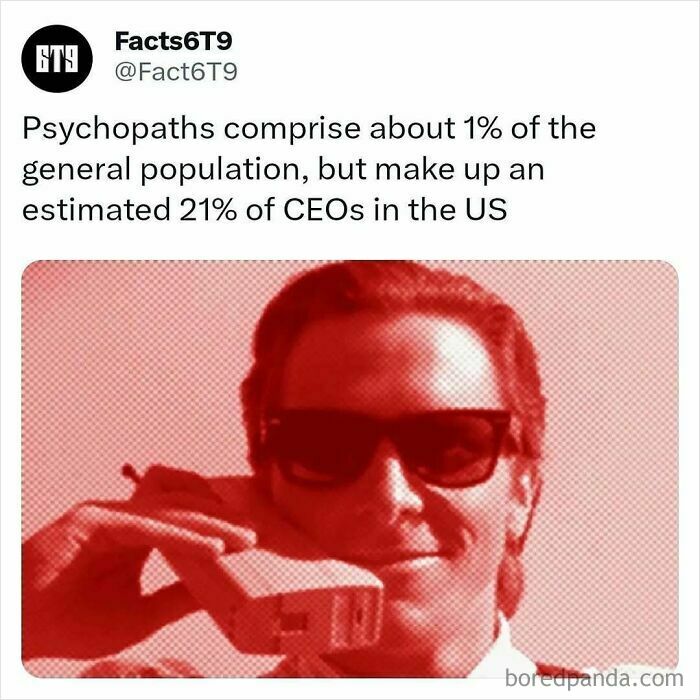 Man in sunglasses smiling, holding vintage mobile phone; text discusses CEO psychopathy statistics.