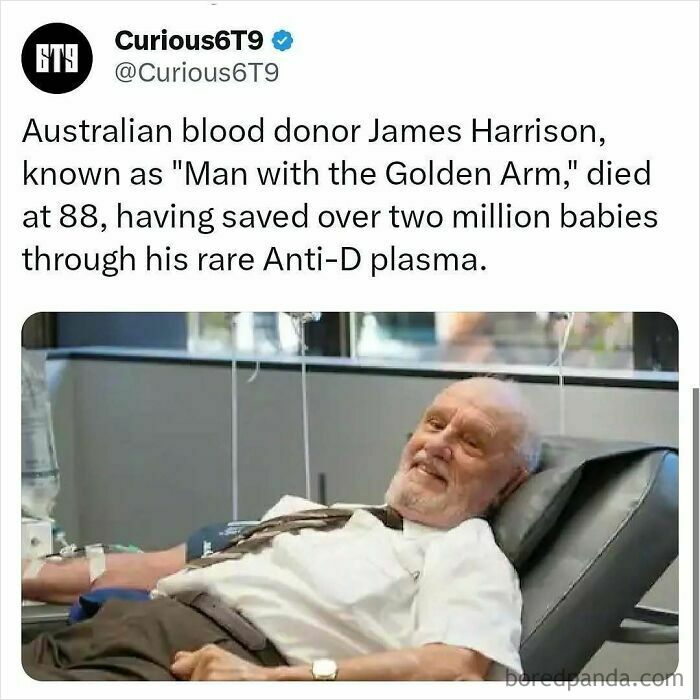 Elderly man donating blood, smiling, while donating plasma to help save babies.