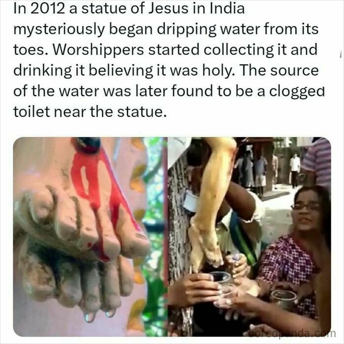 Statue in India dripping water, believed holy by worshippers, later traced to a toilet issue.