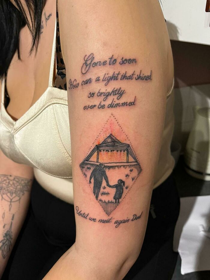 Tattoo fail on forearm with a memorial design and script text, showcasing a wild tattoo fail as a permanent problem.