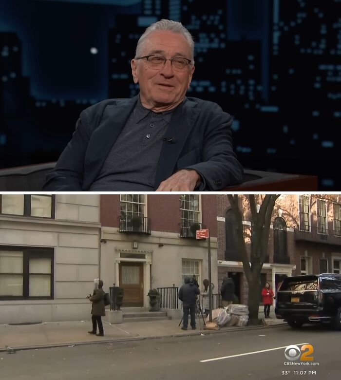 Actor sitting in a studio and footage of celebrity homes with media outside after break-ins reported.