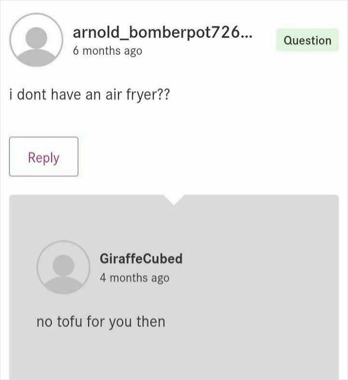 Chat screenshot discussing the lack of an air fryer and its consequences.