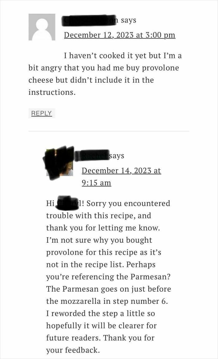 Online recipe comment discussing confusion over provolone cheese not being listed.