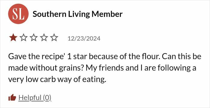 Review highlighting recipe issues due to flour, rated 1 star by user prioritizing low-carb eating.