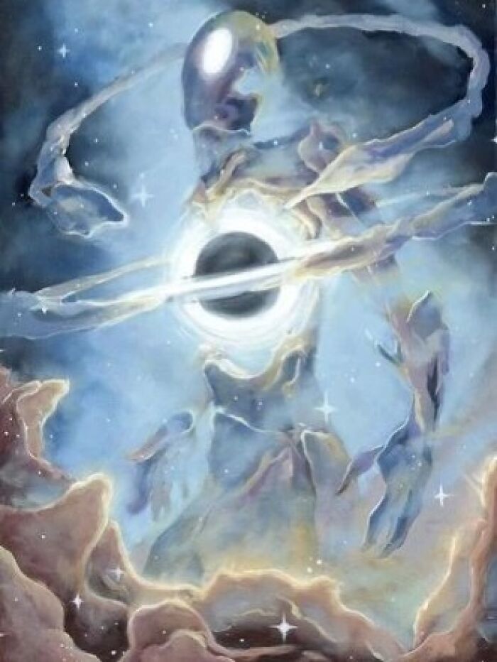 Ethereal cosmic deity with glowing black hole core, surrounded by swirling light and mist in a celestial scene of triple threat deities.