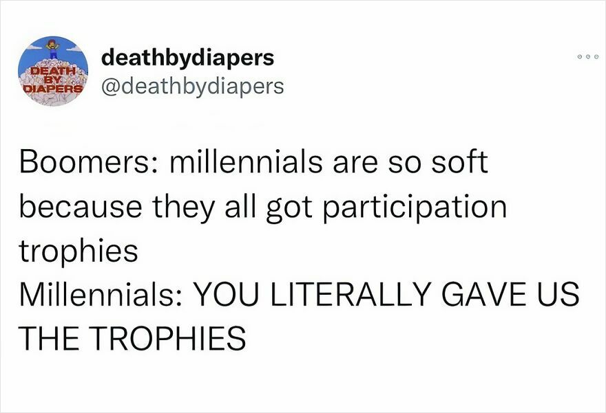 Parenthood meme humorously depicting generational debate over participation trophies.