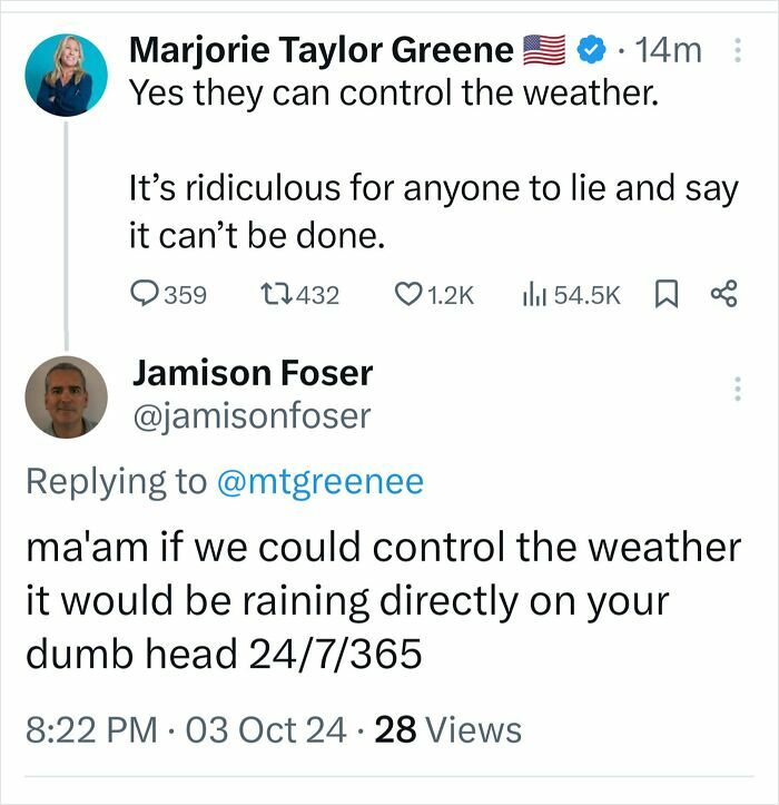 "White People Twitter exchange with chaotic weather control debate between two users."