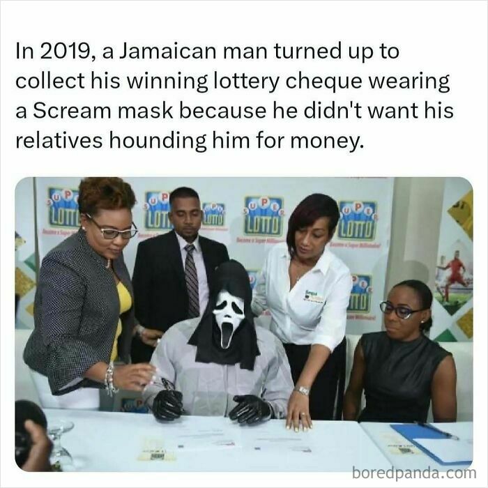 Person in Scream mask claims lottery winnings to avoid relatives, surrounded by officials, highlighting interesting facts.