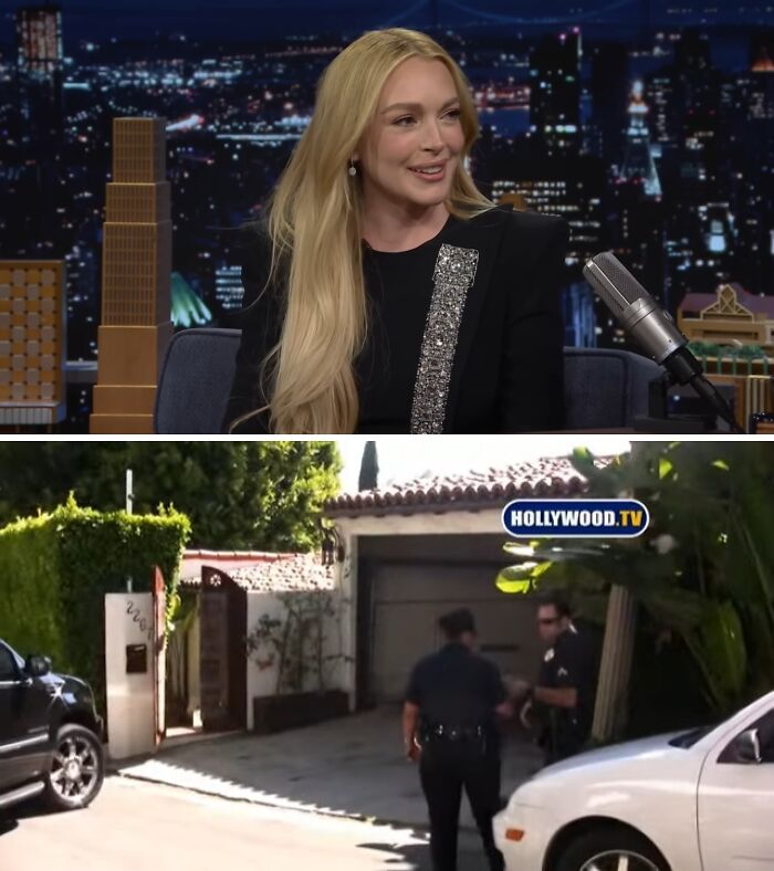 Celebrity home break-in scene with police officers outside a gated driveway surrounded by greenery and vehicles.