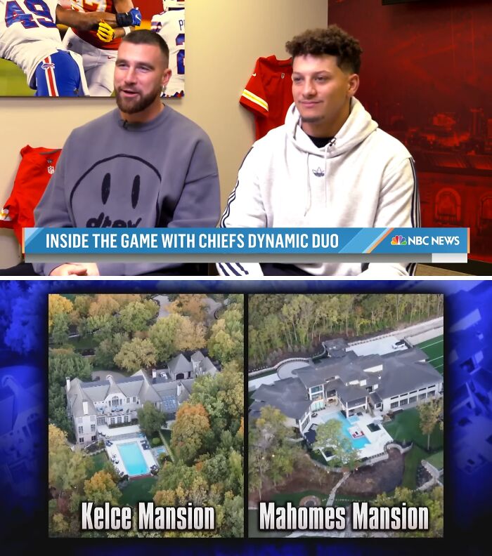 Aerial views of celebrity homes featuring Kelce Mansion and Mahomes Mansion in a news segment about celebrity home break-ins.