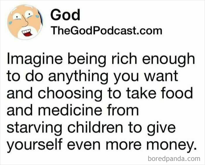 God podcast post critiquing capitalism, highlighting wealth disparity and its impact on children.