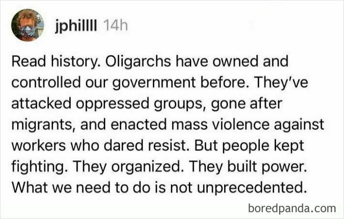 Text post critiquing capitalism, discussing oligarchy and resistance.