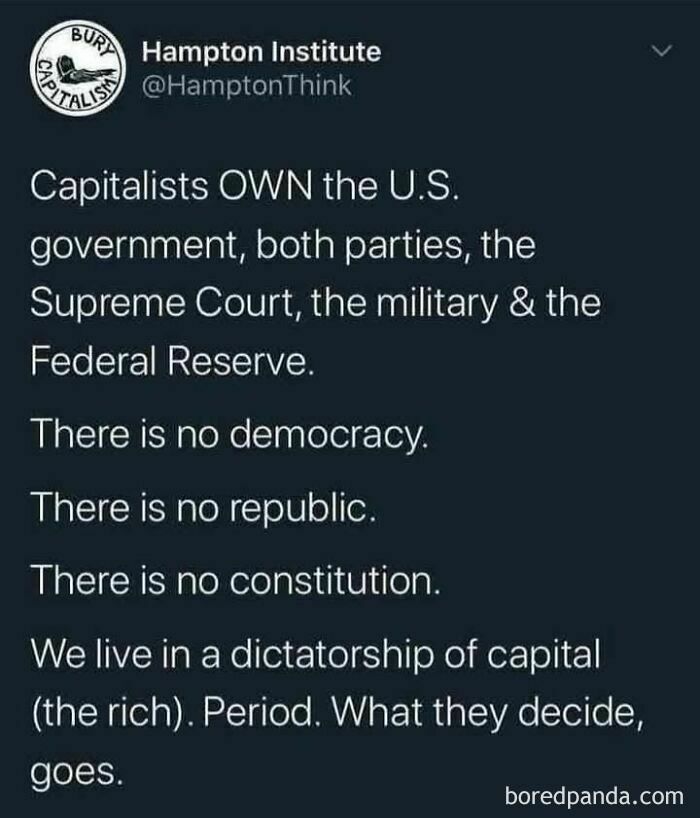 Text image expressing criticism of capitalism, claiming capitalists control the U.S. government and society lacks democracy.