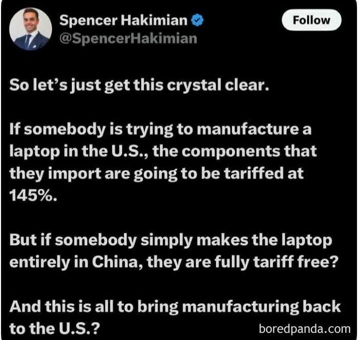 Social media post criticizing tariffs in capitalism, highlighting U.S. manufacturing tariffs vs. China being tariff-free.
