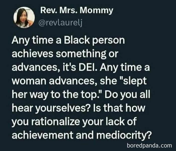 Post criticizing capitalism and societal biases, questioning rationalization of achievements and mediocrity.