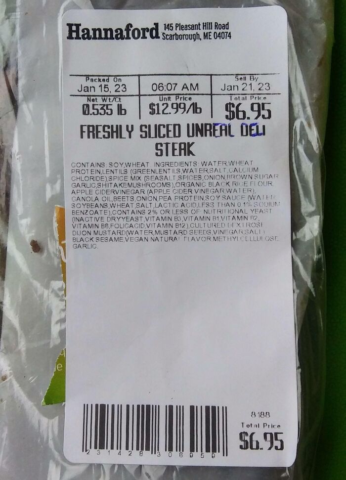 Freshly sliced unreal deli steak packaging with detailed label at Hannaford.