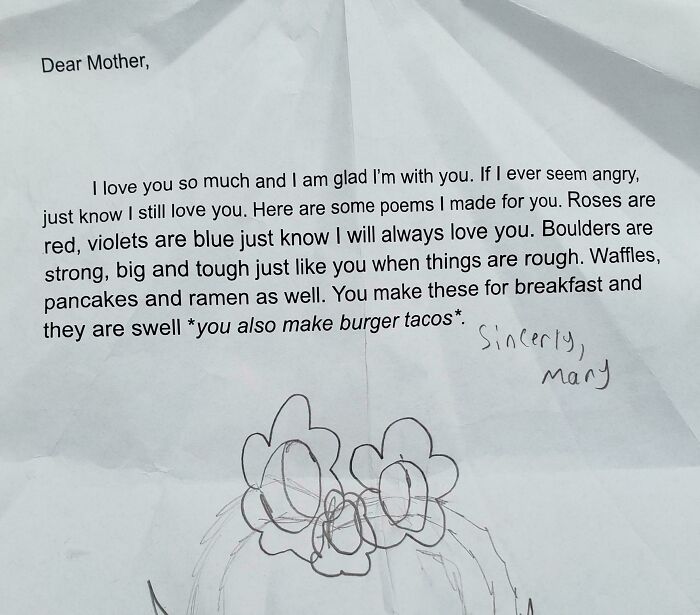 Handwritten letter with poems and drawings expressing love and gratitude, a pure and uplifting moment for a daily scroll.