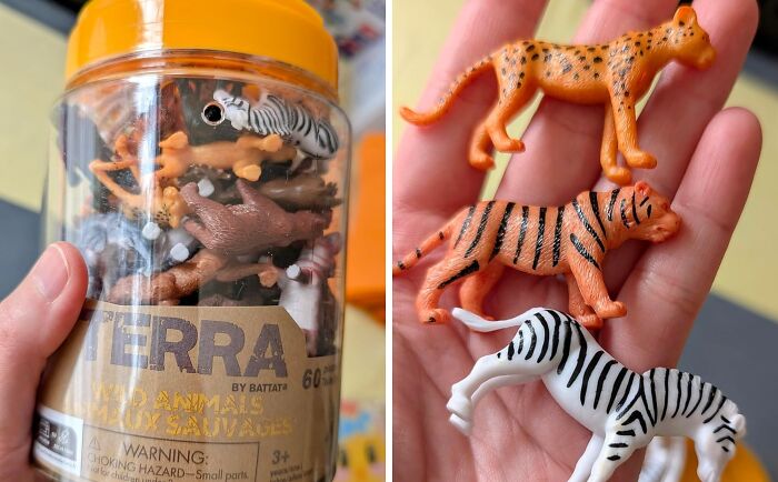 Plastic animal toys held in hand and in a container, popular toys kids genuinely can't get enough of according to teachers