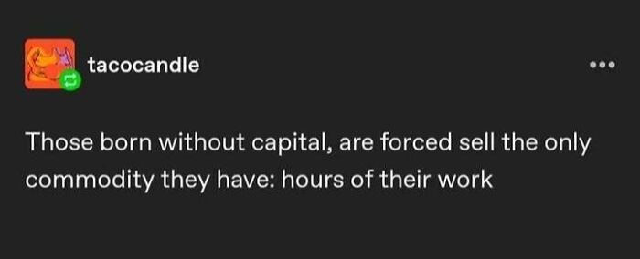 Post highlighting capitalism critique, emphasizing labor as the sole commodity for those without capital.