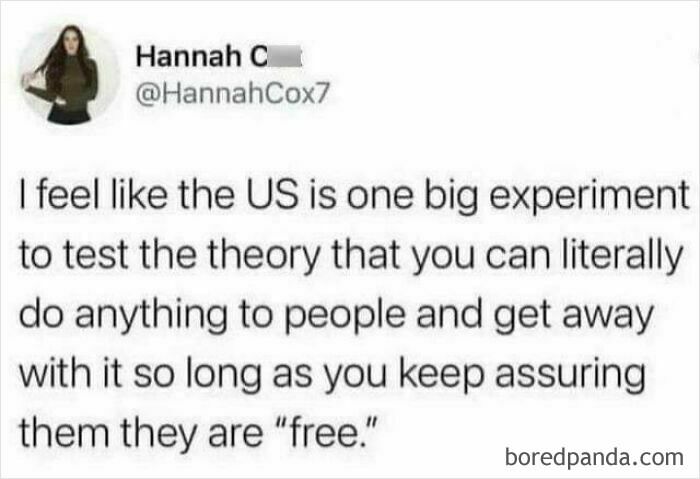 A tweet expressing a critical view of capitalism, questioning freedom in the US.