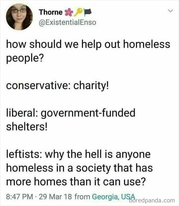Tweet critiquing capitalism by questioning homelessness solutions from different political views.