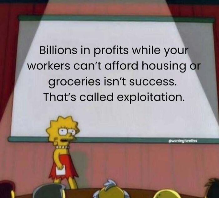 Lisa presenting a slide critiquing capitalism with text about exploitation and profits.