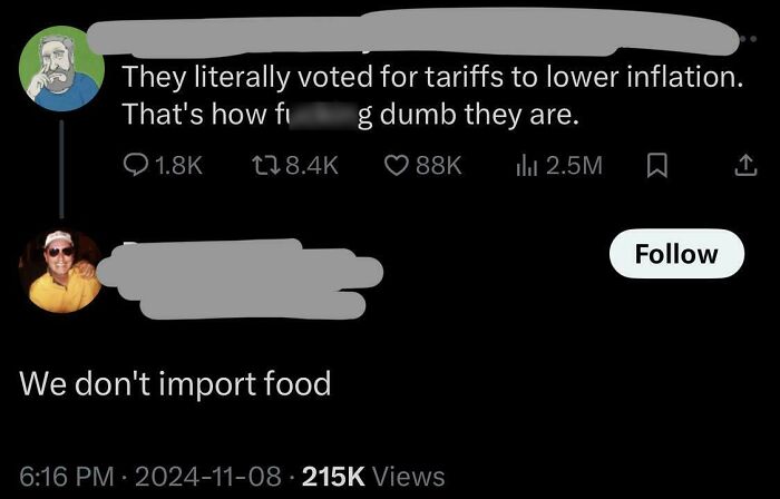 Social media post highlighting the ignorance of Americans discussing tariffs and food imports.