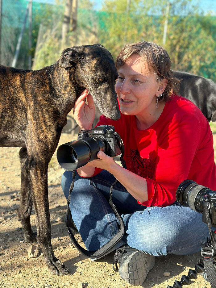 Photographer in red shirt with camera, affectionately interacting with a hunting dog outdoors, capturing art with purpose.
