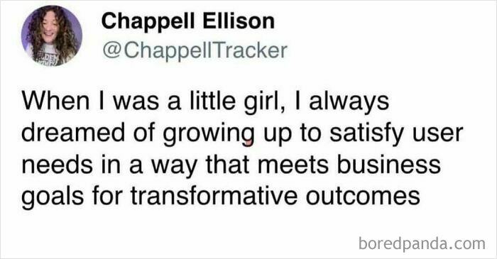 Text tweet about growing up to meet business goals, highlighting a relatable work meme.