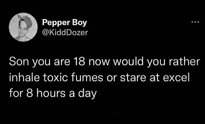 Tweet by Pepper Boy joking about choosing between tough work options, stressing relatable work experiences.