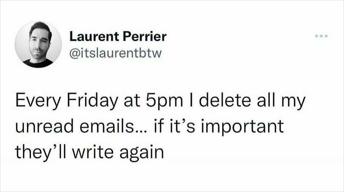Tweet about relatable work meme humor, with a person joking about deleting unread emails every Friday.