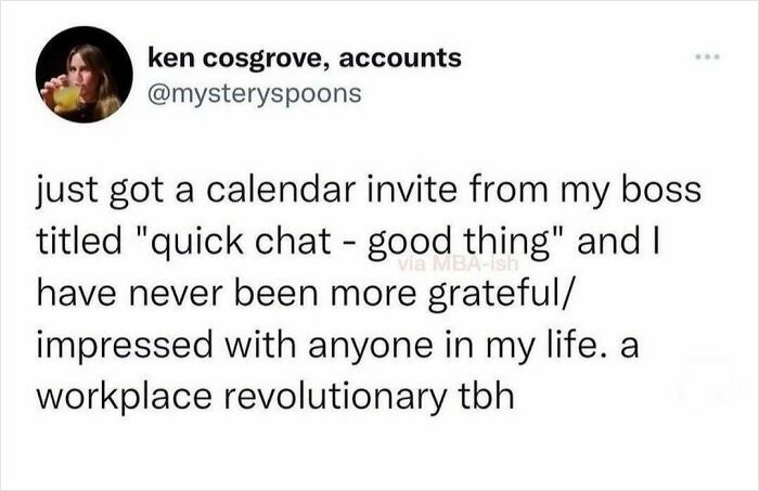 Text post about a grateful reaction to a work meeting invite.