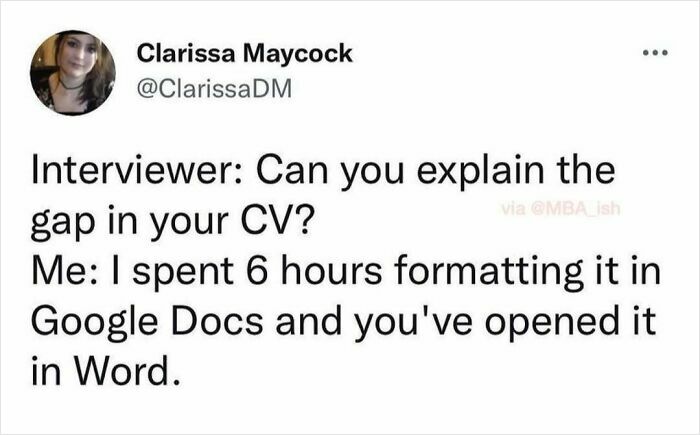 A humorous work meme about CV formatting frustration between Google Docs and Word.