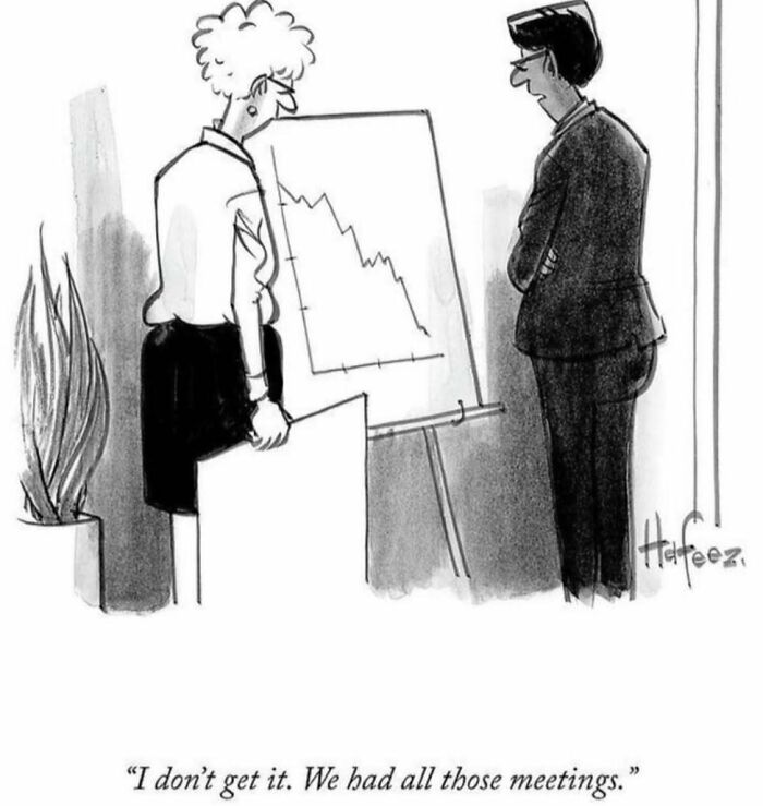 Business meme with two colleagues confused by a declining graph despite frequent meetings.