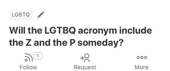 Quora question asking if the LGBTQ acronym will someday include the letters Z and P, part of weird Quora questions.