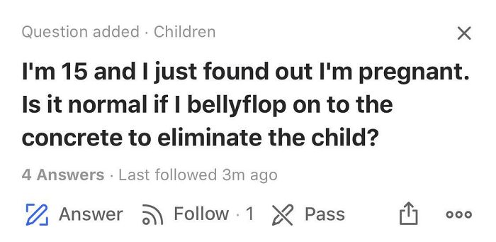 Screenshot of a weird and unfortunate Quora question about a 15-year-old pregnant girl asking about bellyflopping on concrete.