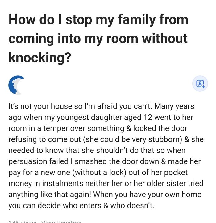 Unusual Quora questions about family boundaries and room privacy issues shared in a text post.