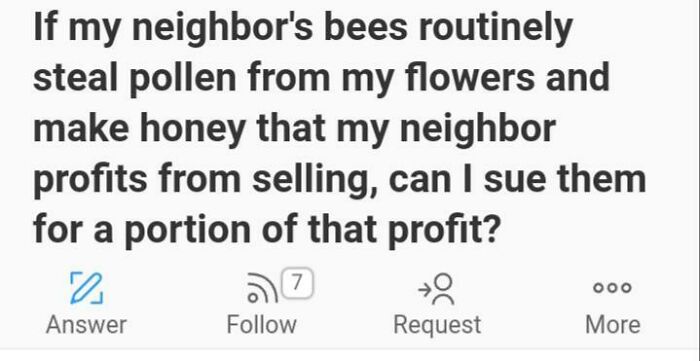 Unfortunate Quora question about suing neighbor over bees stealing pollen and profiting from honey made from flowers.