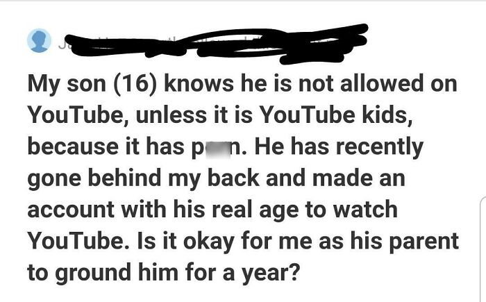 Screenshot of a strange or unfortunate Quora question about grounding a son for using YouTube against parental rules.