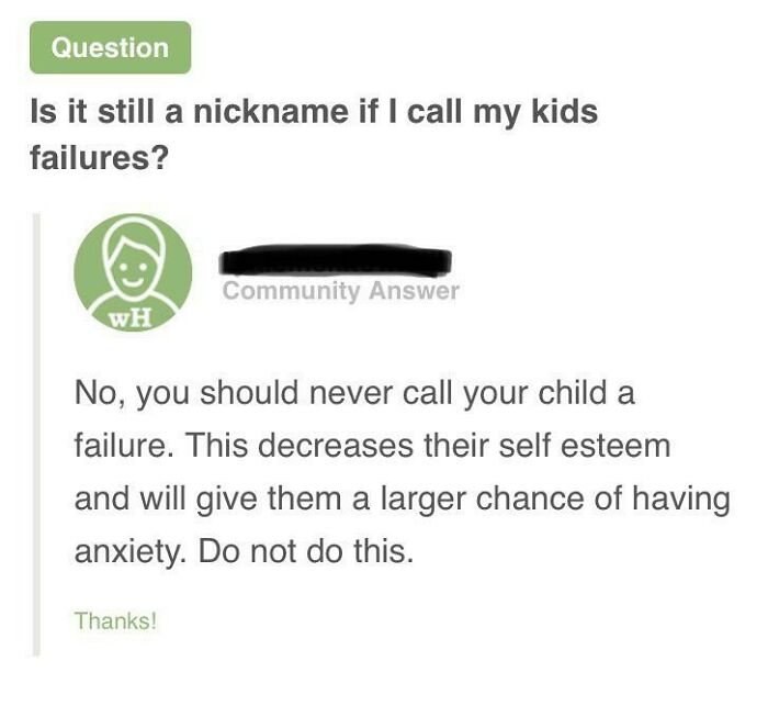 Quora question about calling kids failures with answer warning about self esteem and anxiety risks.