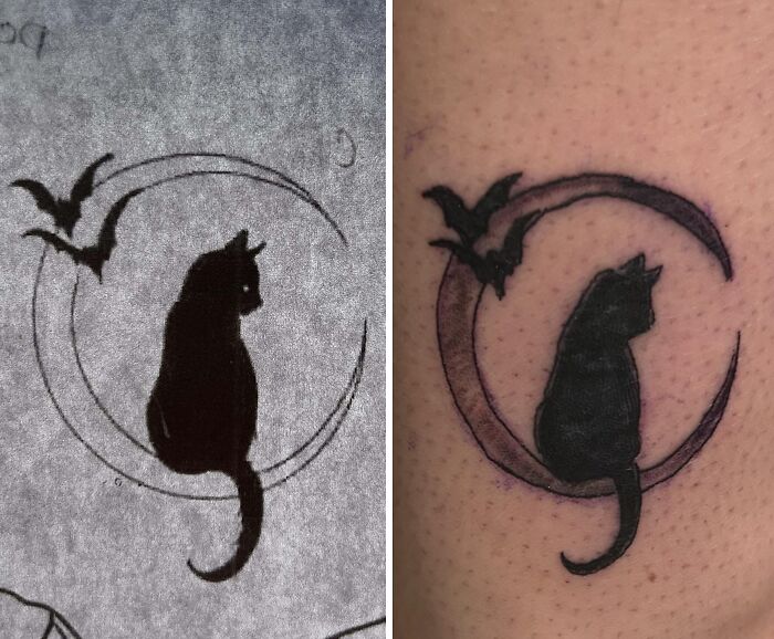 Tattoo fail showing a cat and bat design where the ink quality and details differ between the original sketch and the final tattoo.