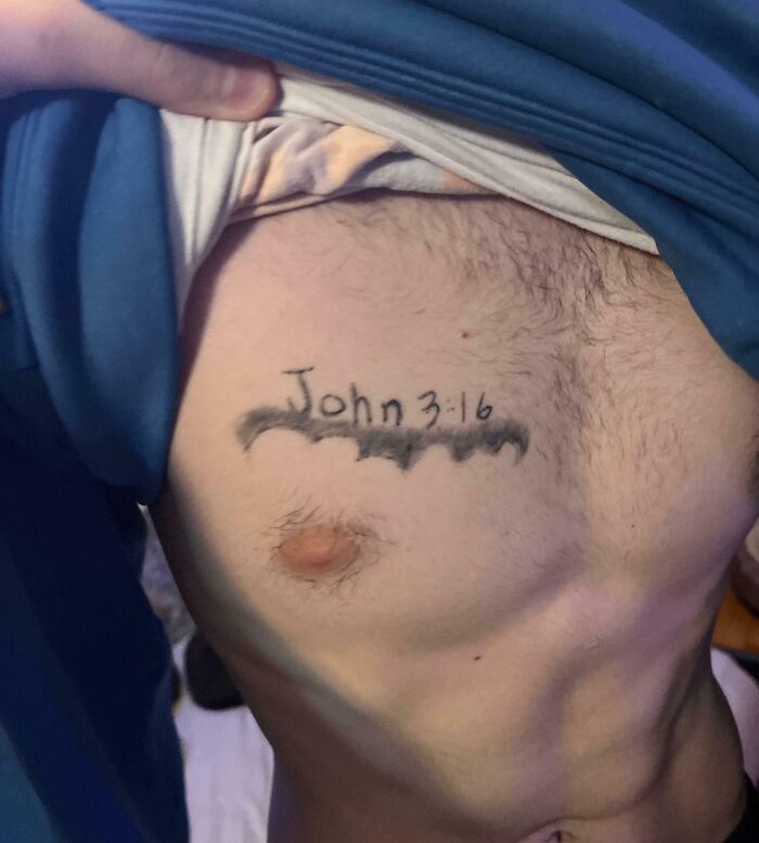Tattoo fail of a poorly drawn "John 3:16" on a person's chest, showcasing one of the wild tattoo fails forever problems.