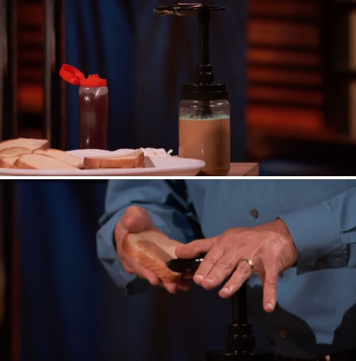 Peanut butter dispensing pump and person spreading peanut butter on bread, a failed Shark Tank product demonstration.
