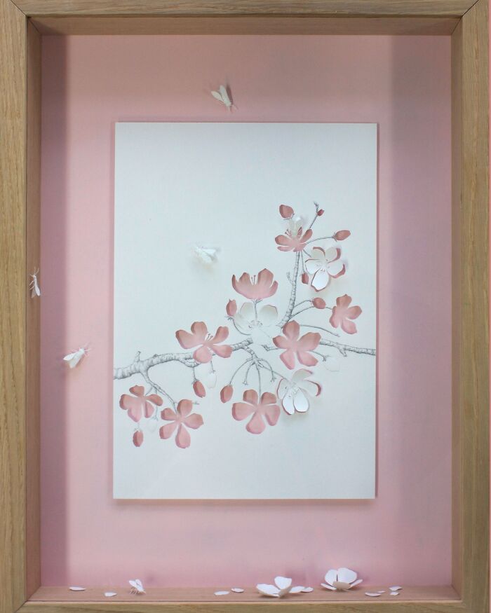 Paper art by Peter Callesen featuring floral designs intricately cut and layered in a wooden frame.