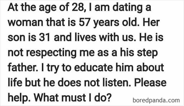 Alt text: A weird or unfortunate Quora question about dating a woman aged 57 and dealing with her disrespectful adult son living together.