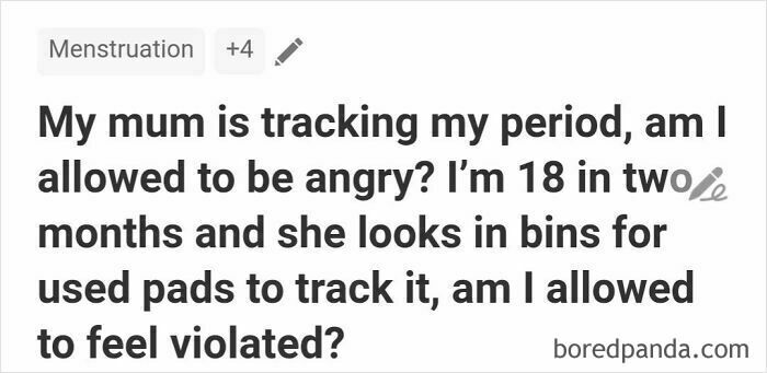Alt text: Example of an unfortunate Quora question about a mother tracking her daughter's period by checking used pads.