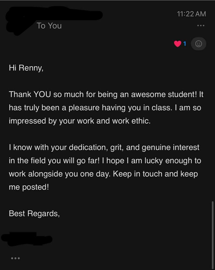 Positive heartfelt email praising a student's work ethic, dedication, and uplifting moments in daily scroll.